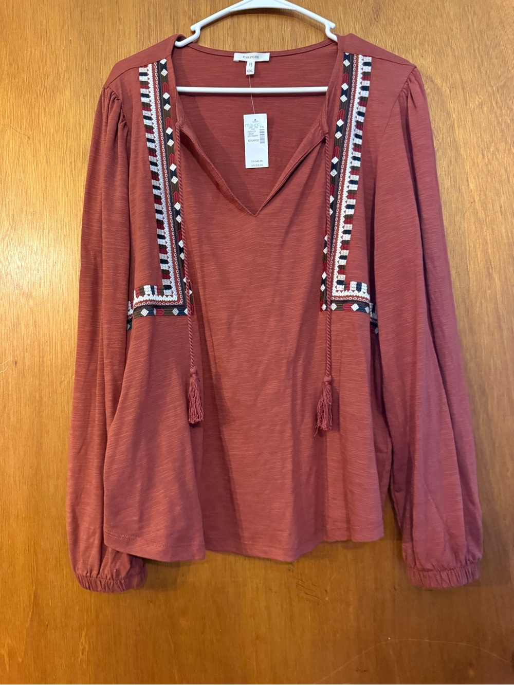 Maurices Rust Red Embroidered Tassel V-Neck Blouse